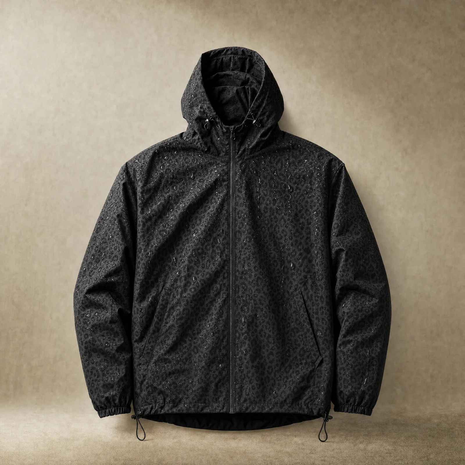 Illustrative concept of the Velynie Rain Reveal jacket with a leopard-pattern direction